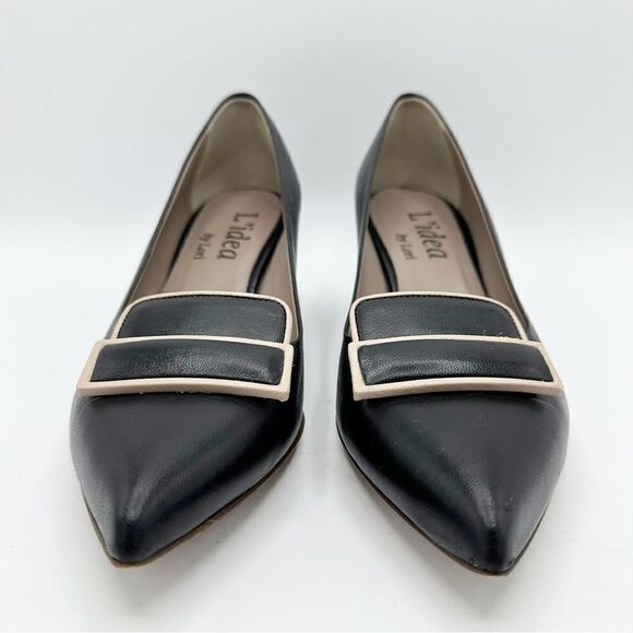 L’idea by Lori Black Pointed Pumps Taupe Trimmed Leather Rectangle Embellishment - Picture 5 of 13